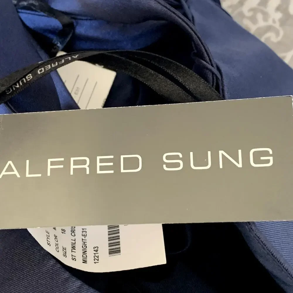 ALFRED SUNG Navy Blue Satin Dress with Lace-Up Back - Picture 9 of 11